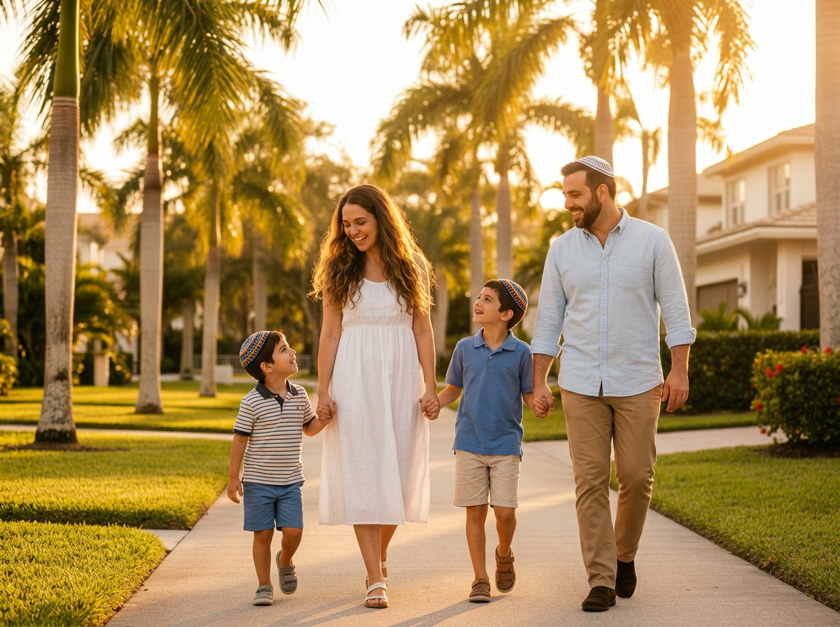 Jewish family walking together in a sunny South Florida neighborhood