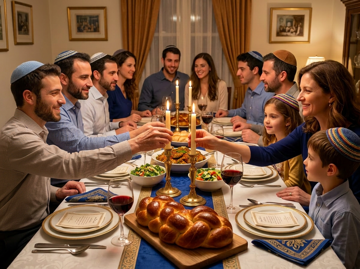 Warm Shabbat dinner gathering with candles and challah